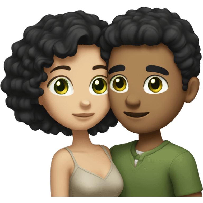 Couple hugging, he has green eyes short curly black hair she has brown eyes medium long straight black hair emoji