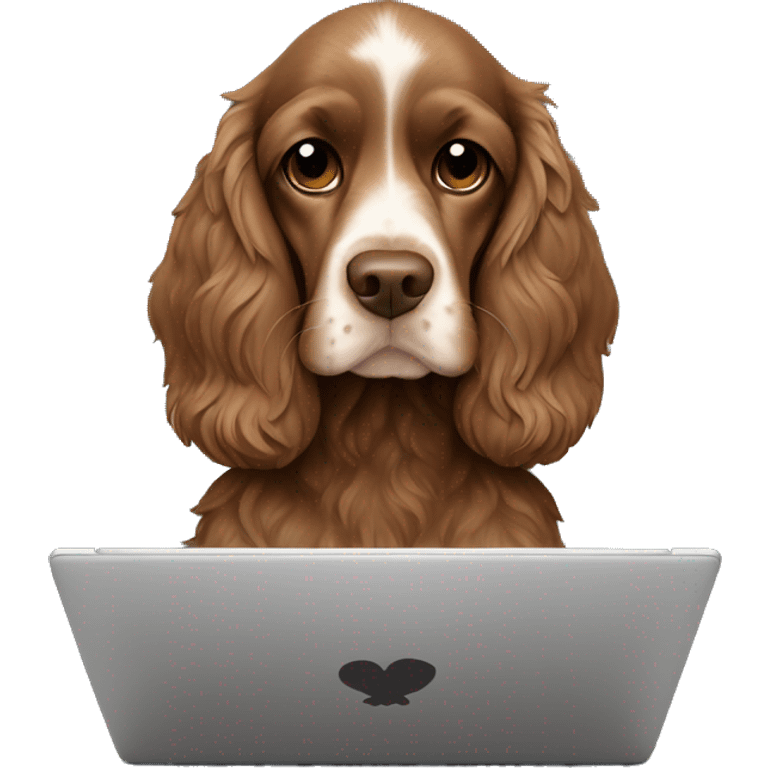 brown cocker spaniel wearing a black hoodie viewing a laptop emoji