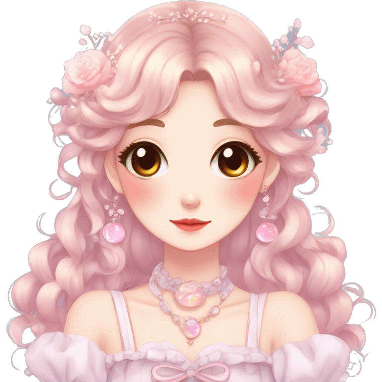 Gorgeous anime style lady with blushing face and accessories cottagecore fairycore Kawaii anime colorful pearly romantic aesthetic trending style emoji