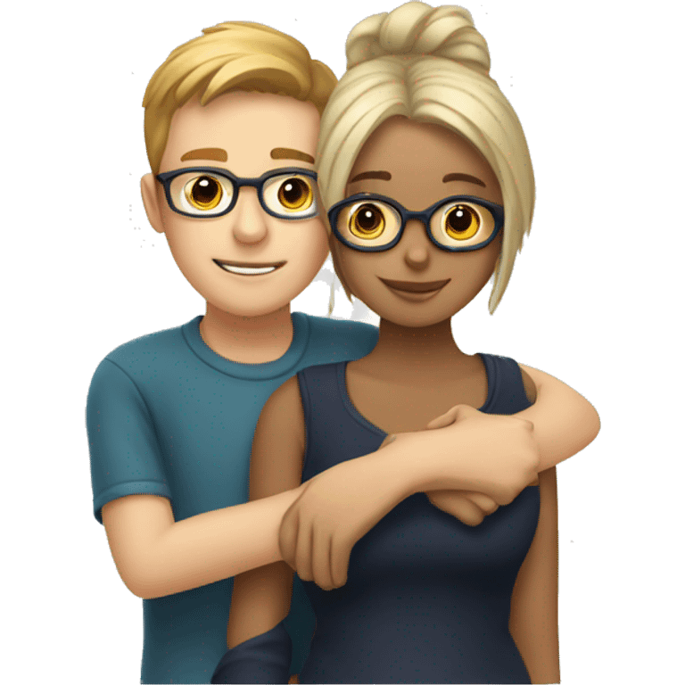 White boy and girl hugging with glasses emoji