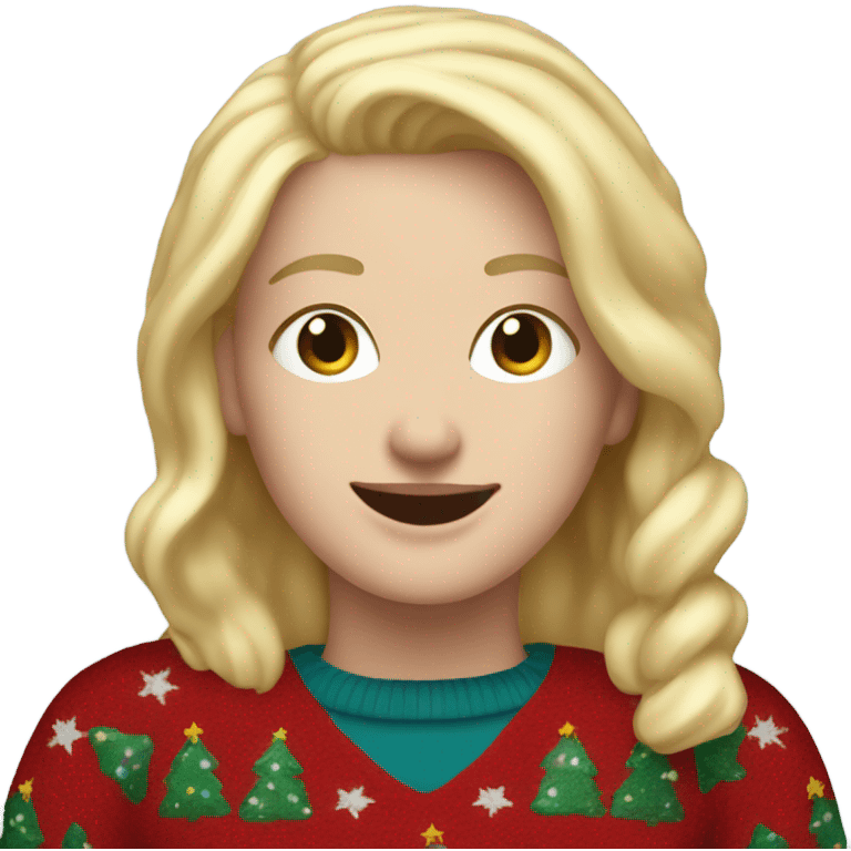 Happy white woman with blonde hair and christmas jumper and blue jeans  emoji