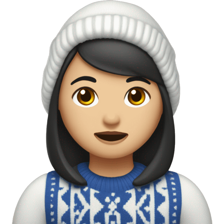 Asian woman with bob and frosty snowman sweater hitting cowbell emoji