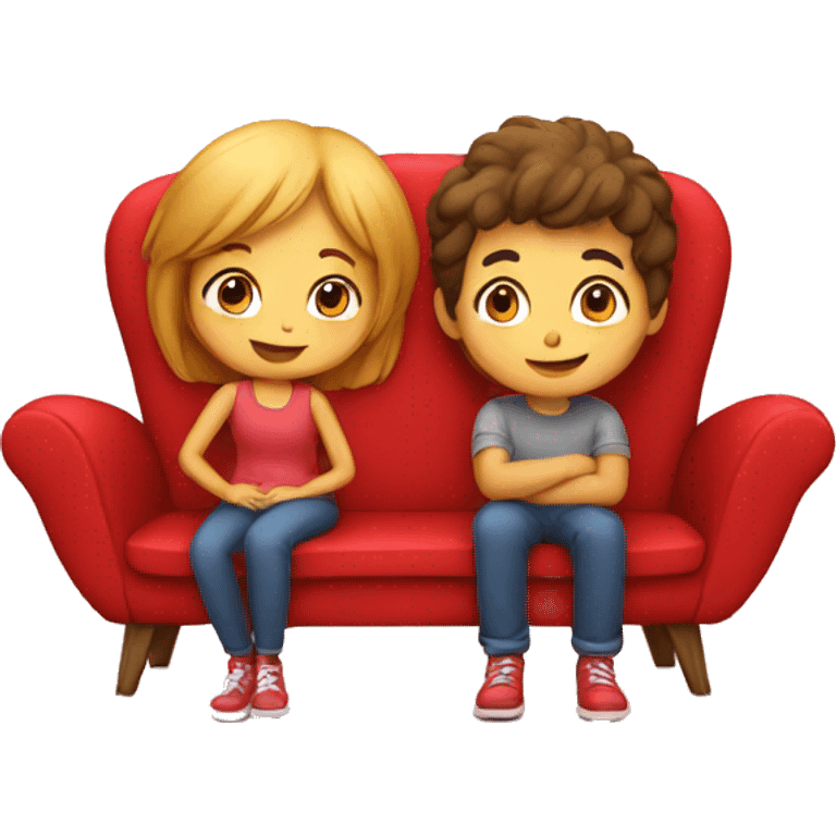 Girl and boy on red sofa love emoji