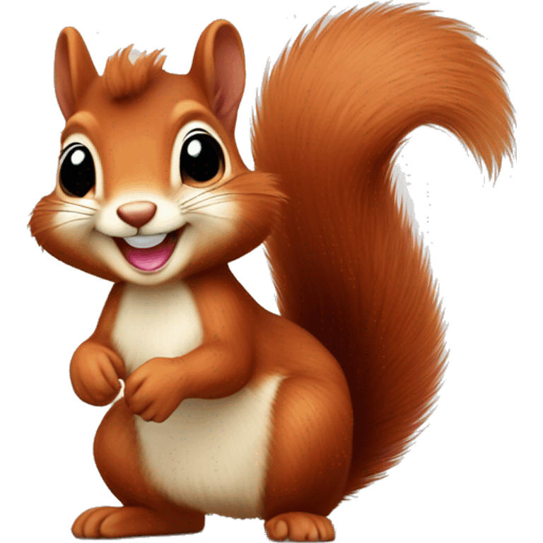 Cute baby red squirrel face smiling with bushy tail, whole squirrel emoji