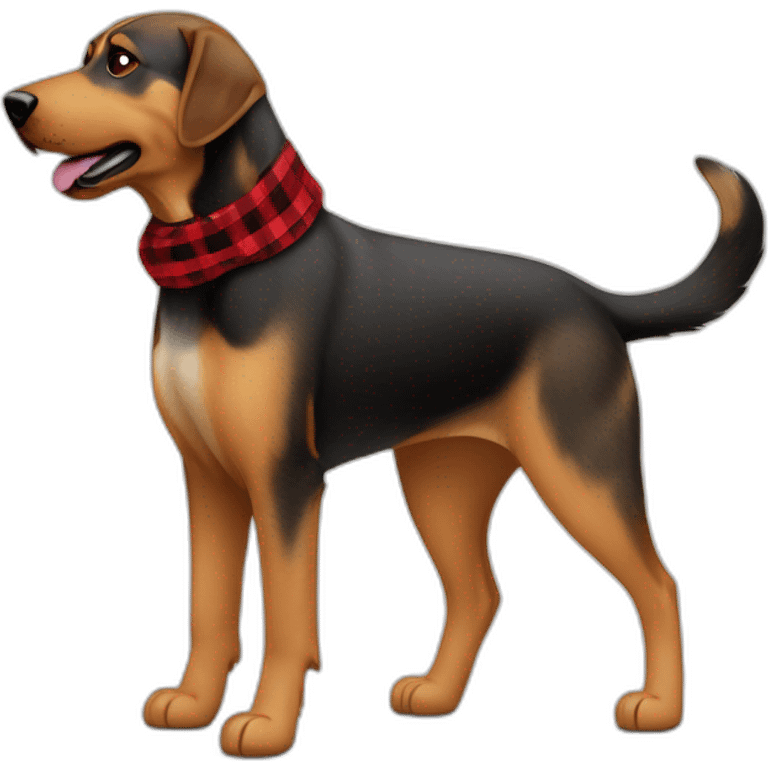 adult 75% Coonhound 25% German Shepherd mix dog with visible tail wearing small pointed red buffalo plaid bandana full body walking left quickly emoji