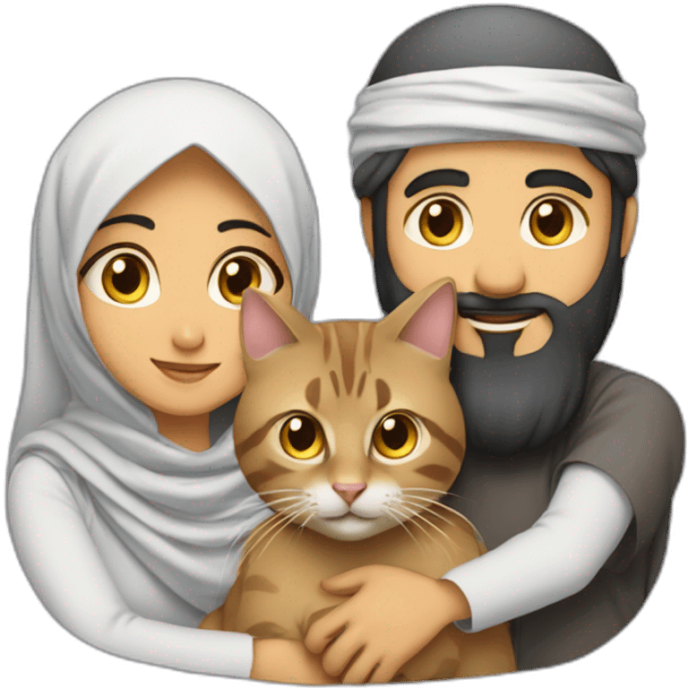 A muslim coupe with a arabic man and a hijabi arab girl with a cat in their arms emoji