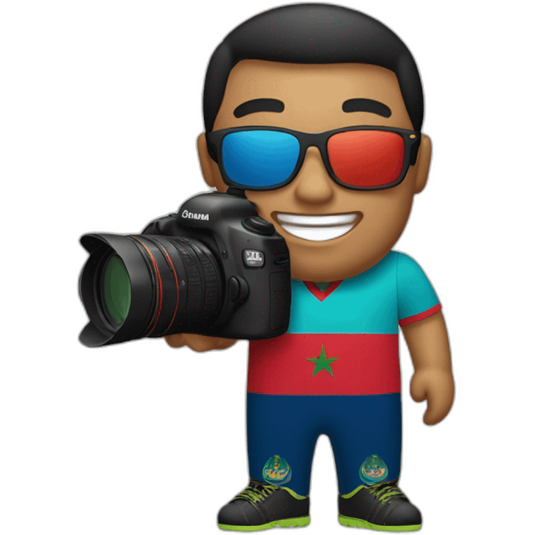 A face wearing sunglasses and a smile, holding a Canon camera in one hand, an iPhone in the other hand, and wearing a Moroccan national team shirt.  emoji