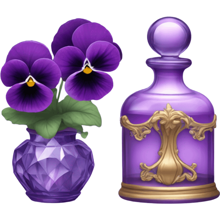 A pink aesthetic still-life: a decorative candle in a glass jar, violet pansies in a crystal vase, and an ornate purple perfume bottle emoji