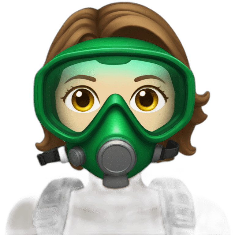 woman brown hair diving mask with diving regulator in mouth, green eyes emoji