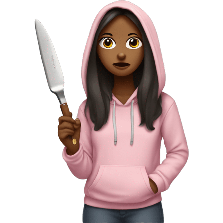 Girl with long dark hair in a light pink hoodie with a serious face holding a butter knife emoji