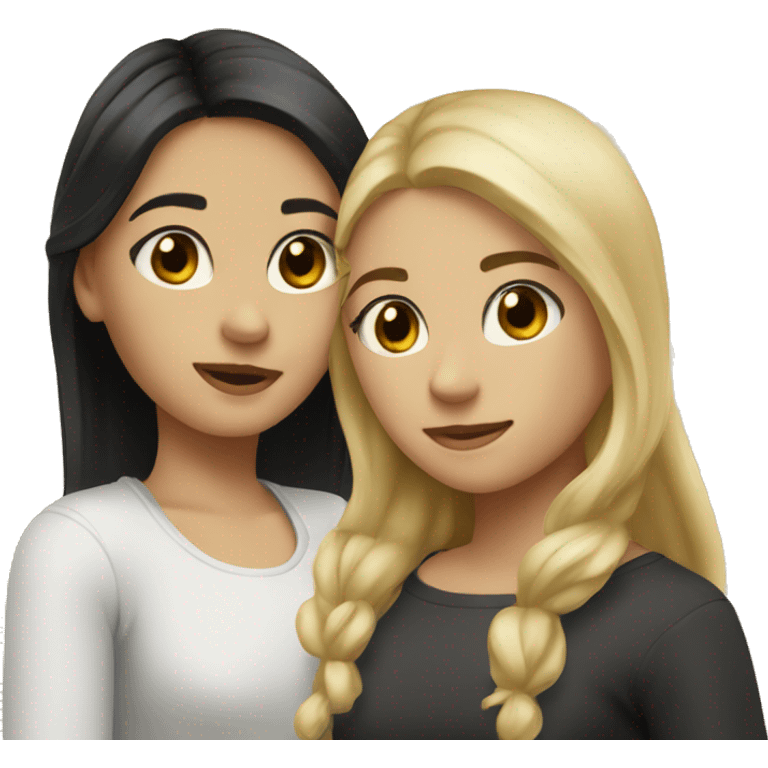 Two girls embracing. One with blonde hair and brown eyes and one with black hair and brown eyes  emoji