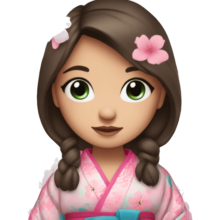 cute brunette girl with blue eyes in pink flower kimono emoji