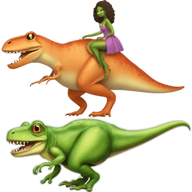 A frog riding a t-Rex, and the t-Rex has a dress and high heels on emoji