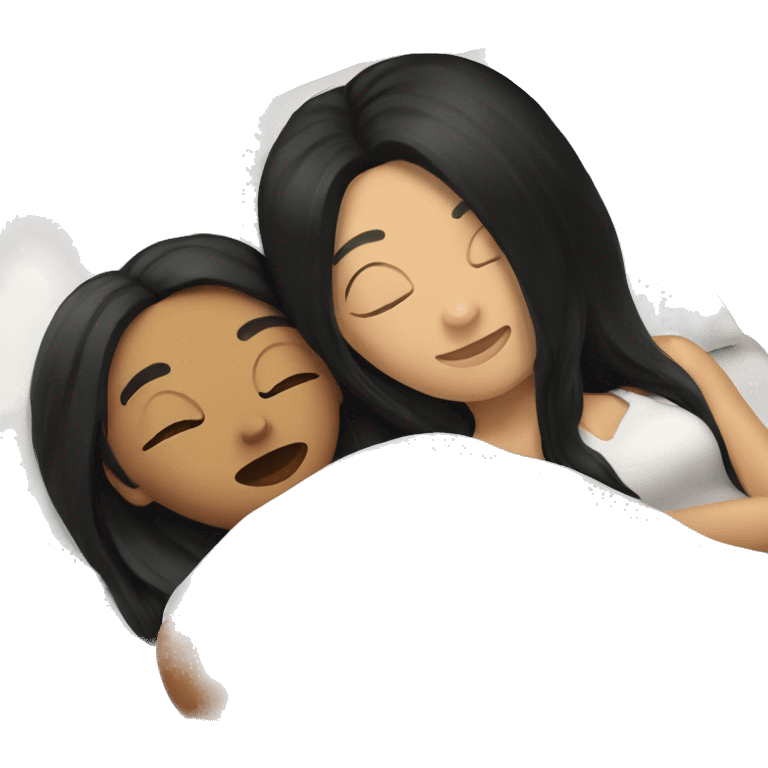 Lesbians with long black hair and white skin laying in bed together emoji