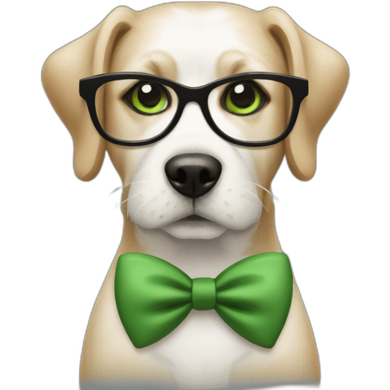 medium-bege-and-white-dog-with-green-eyes-and-black-glasses-and-green-bow emoji