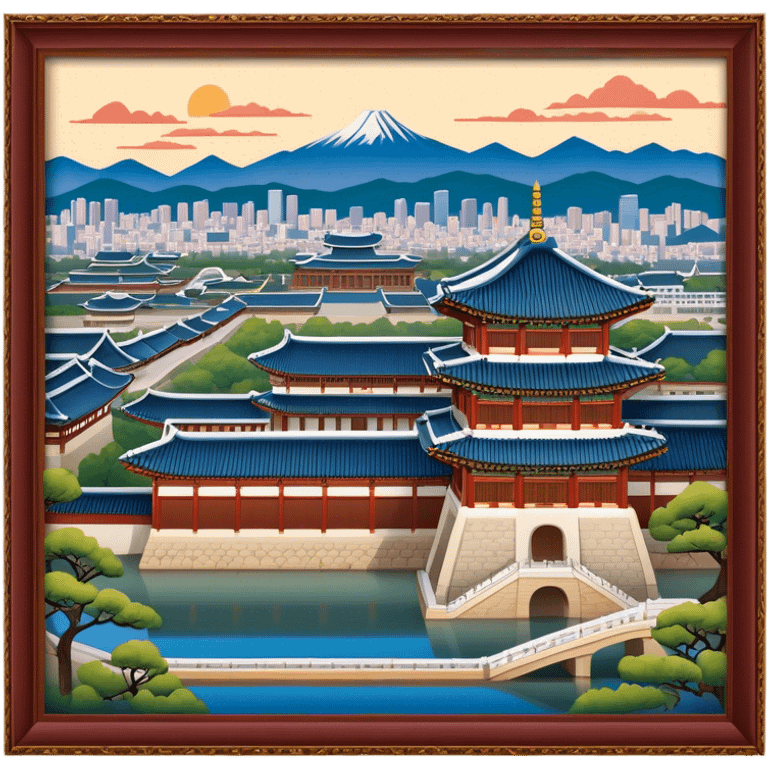 Cinematic Realistic Gyeongbokgung Palace Landmark Emoji, rendered with traditional Korean architecture, ornate wooden carvings, and vibrant colors, set against the backdrop of modern Seoul with soft evening light. emoji