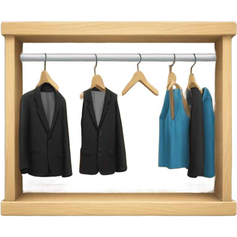 Design an emoji-style icon of an open wardrobe with clothes hanging inside. Include details like a wooden frame, hangers, and black clothing items such as shirts or any other clothing . Use a clean and minimalistic design. emoji