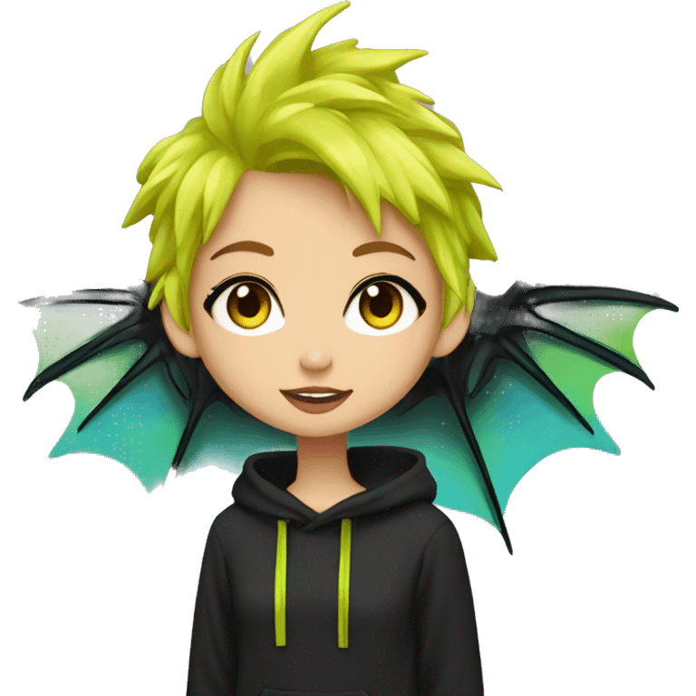 Lady with brunette and iridescent blue hair, gold, lime green dragon wings, black hoodie, bleach dyed, black and gold Nike t shirt, and bright red eyes emoji