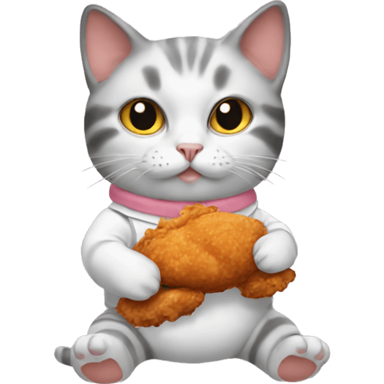 cat wearing baby clothes holding a piece of fried chicken  emoji