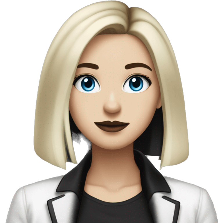 waist-length portrait, look up, Slavic adult woman, goth eyes makeup, blue eyes, medium bob black-to-blonde ombre straight hair, white T-shirt and black office jacket. emoji