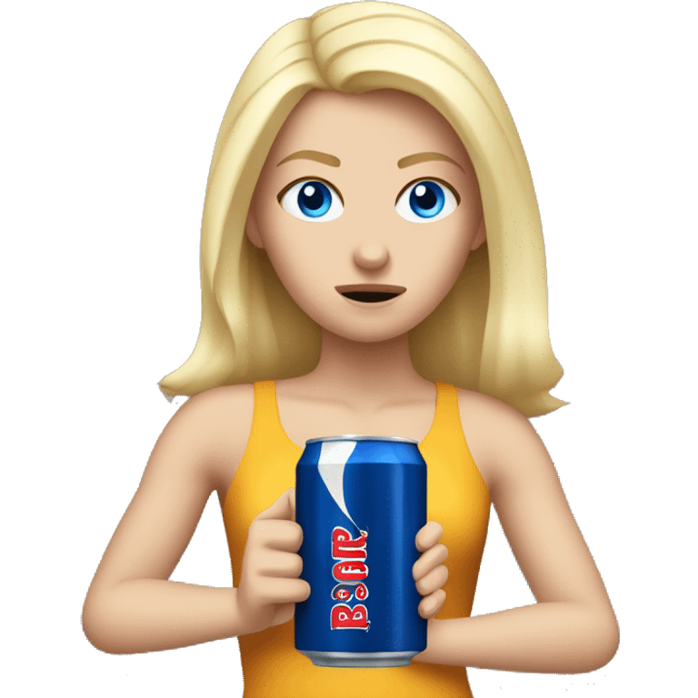 Angry blonde white girl with blue eyes holding a redbull emoji