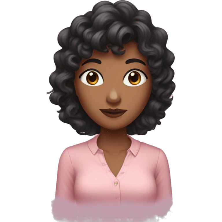 woman with long black curly hair and bangs and dark brown eyes, wearing a pastel pink blouse emoji