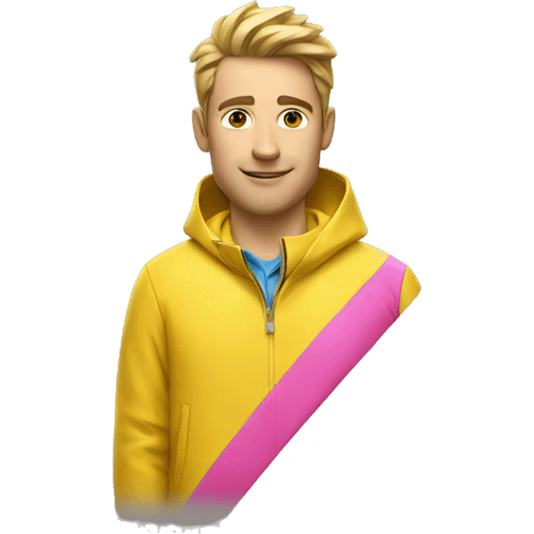 Guy in yellow rain jacket and pink polo shirt emoji