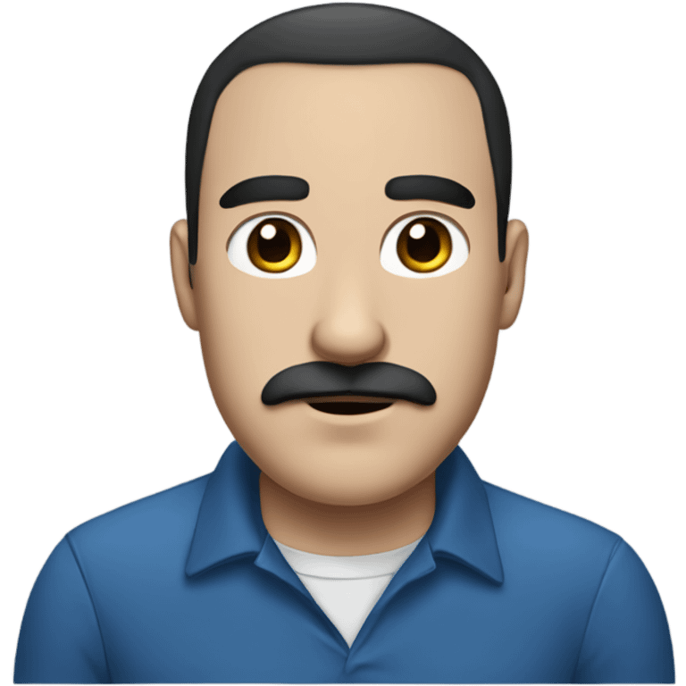 Guy with black balding hair, black mustache and thick black eyebrows with a blue shirt and dark blue collar emoji