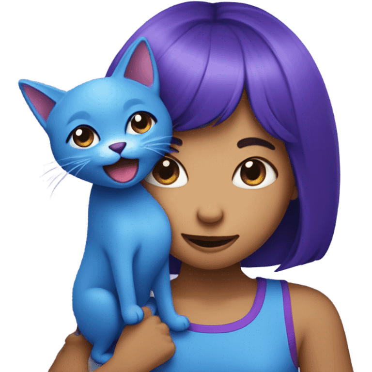 Girl holding purple cat biting blue dog emoji