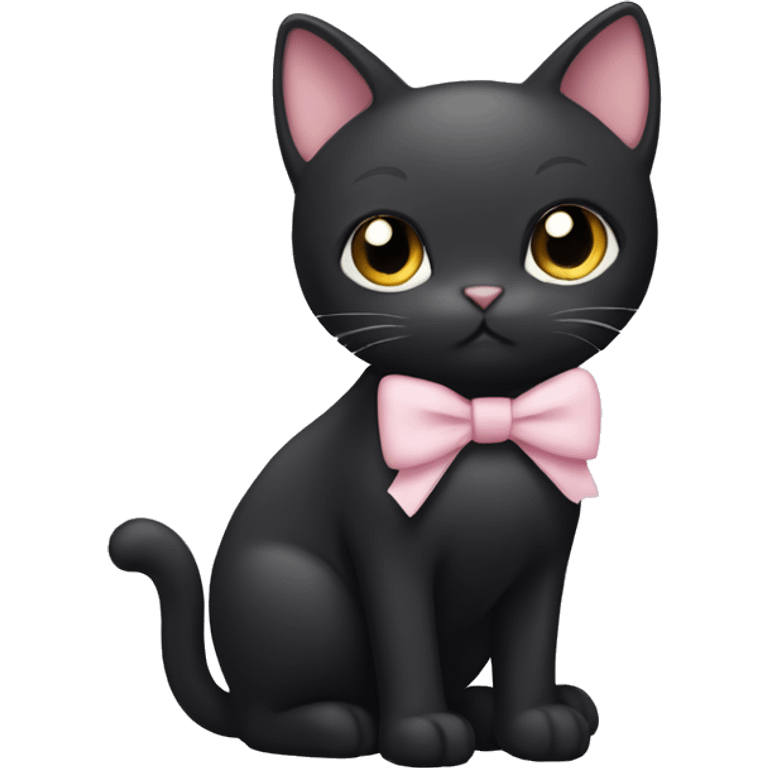 A black cat with a white chest with a  light pink bow on its right ear emoji