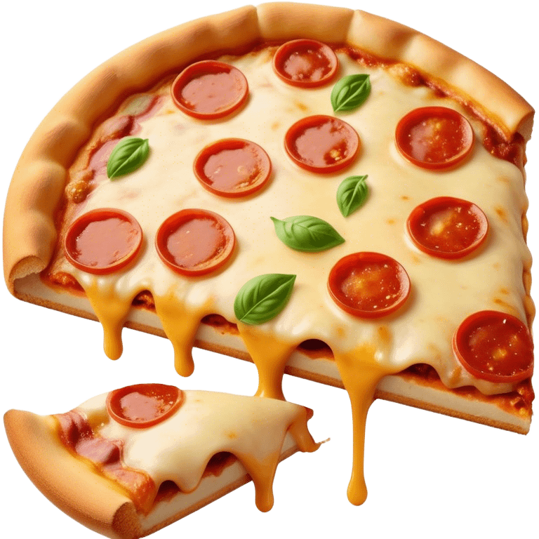 Cinematic cheesy pizza slice, gooey melted cheese stretching as a bite is taken, crispy golden crust, rich tomato sauce, vibrant toppings, warm glowing background, inviting and delicious. emoji