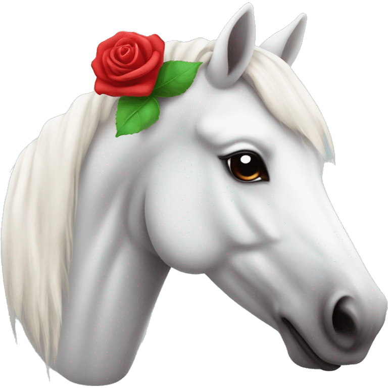 White Horse with a unicornhead-shaped rose dot between the nostrils wearing a santa hat emoji