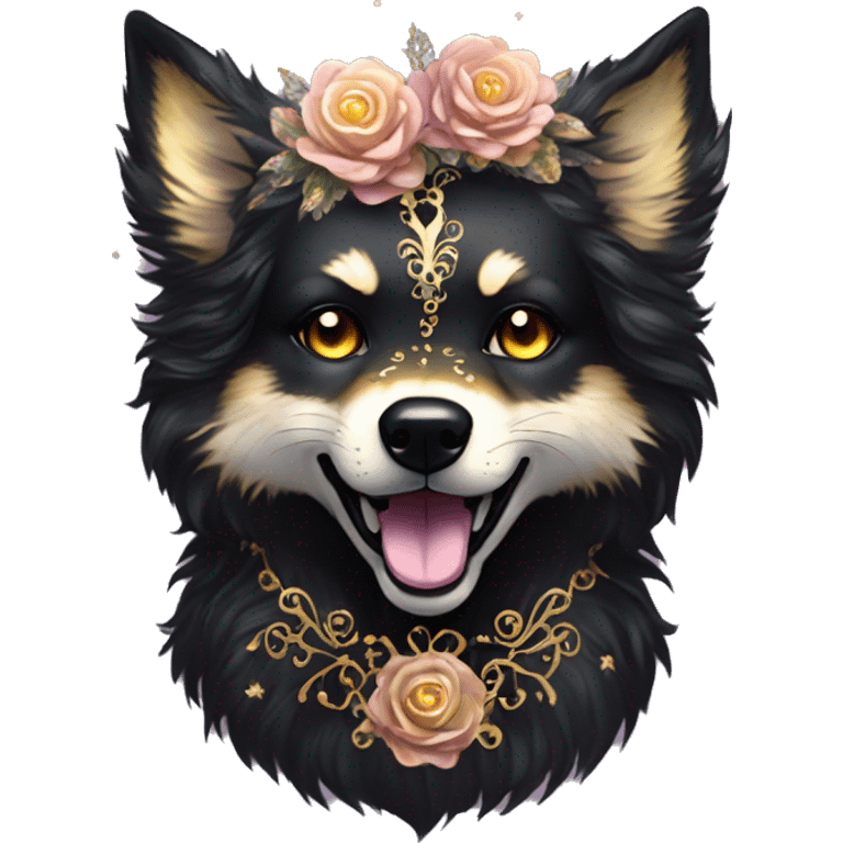 Black iridescent fluffy dog fox head zombie skeleton gold mechanical nebula galaxy stars flowers fairy lights vintage emoji