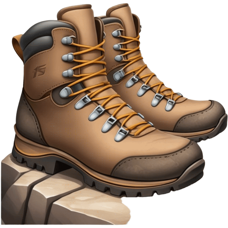 Cinematic Realistic Hiking Boots, well-worn leather boots resting on a rocky trail, scuffed edges and dirt-speckled laces adding character, glowing softly under the dappled sunlight filtering through the trees. emoji