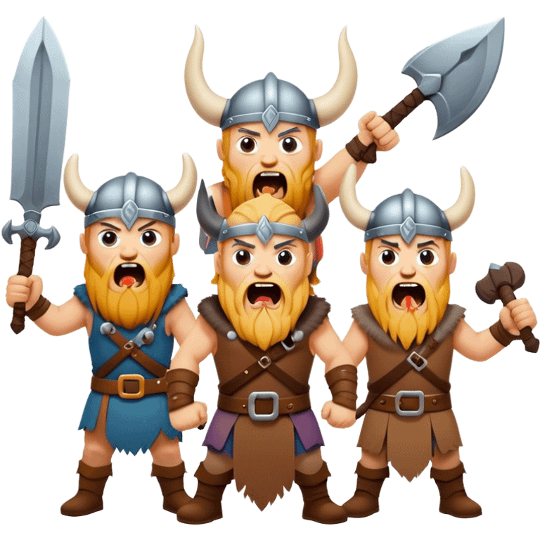 three different Vikings scream, weapons in their hands, realistic emoji