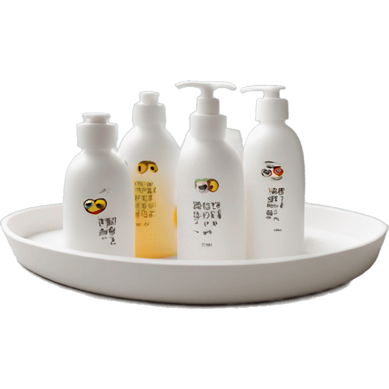 korean skincare bottles standing on bathroom tray side view emoji