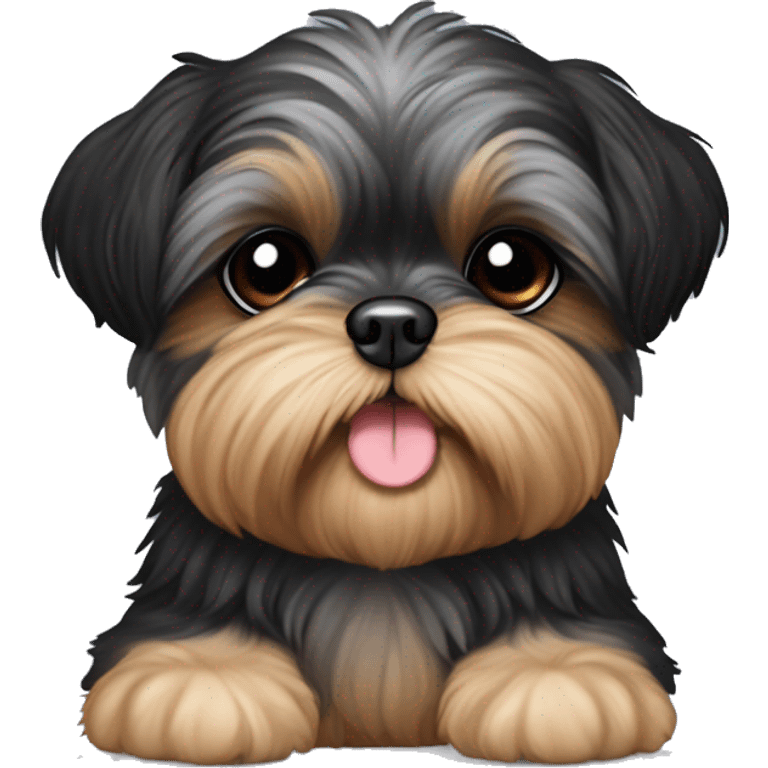 Shih tzu black puppy, yorkie coloring with light colored eyebrows. Round face, short ears. Looks like teddy bear  emoji