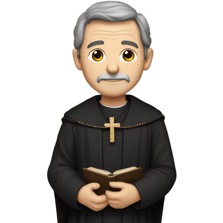 "An middle aged man with brown hair, a weathered face, and a solemn expression. He wears a black robe with a clerical collar and holds a Bible or rosary, standing in a modest church." emoji