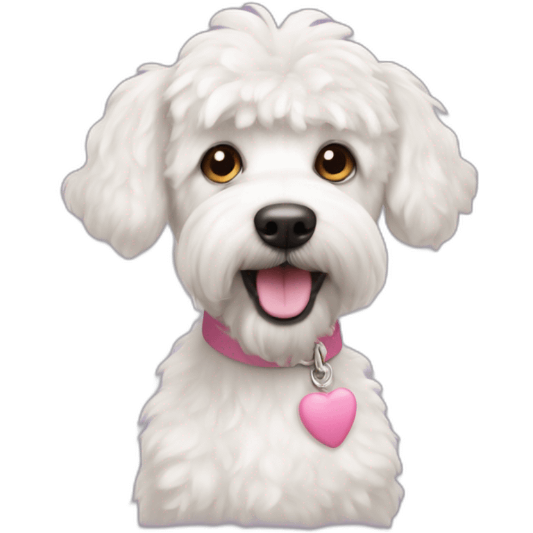 A white terrier poodle mix dog with a pink tail emoji