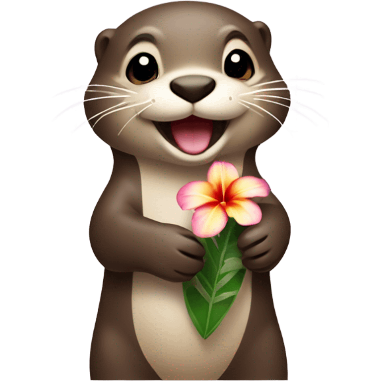 A happy and cute otter face holding a Hawaiian flower emoji