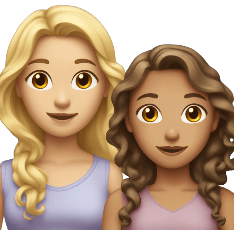 Three girls , one with short brown hair , one with long brown hair and one with long curly blonde hair  emoji