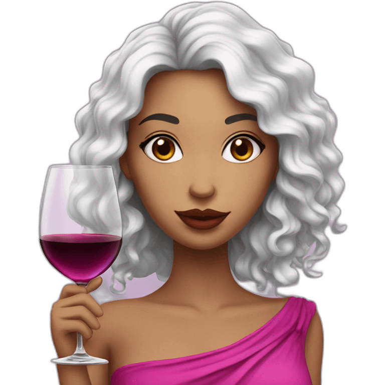 White latin girl with with pink big lips, long curly black hair and glass of wine emoji