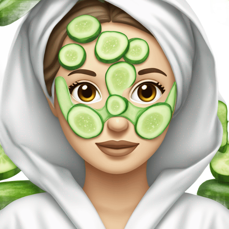 White girl with Brown hair and blue eyes wears a Green colored skincare clay textured mask and puts on cucumbers around her eyes while She relaxes in her white Robe emoji