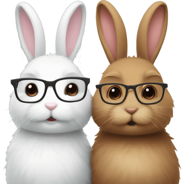 two bunnies. one white fluffy bunny with glasses cuddling brown fluffy bunny WITHOUT glasses emoji