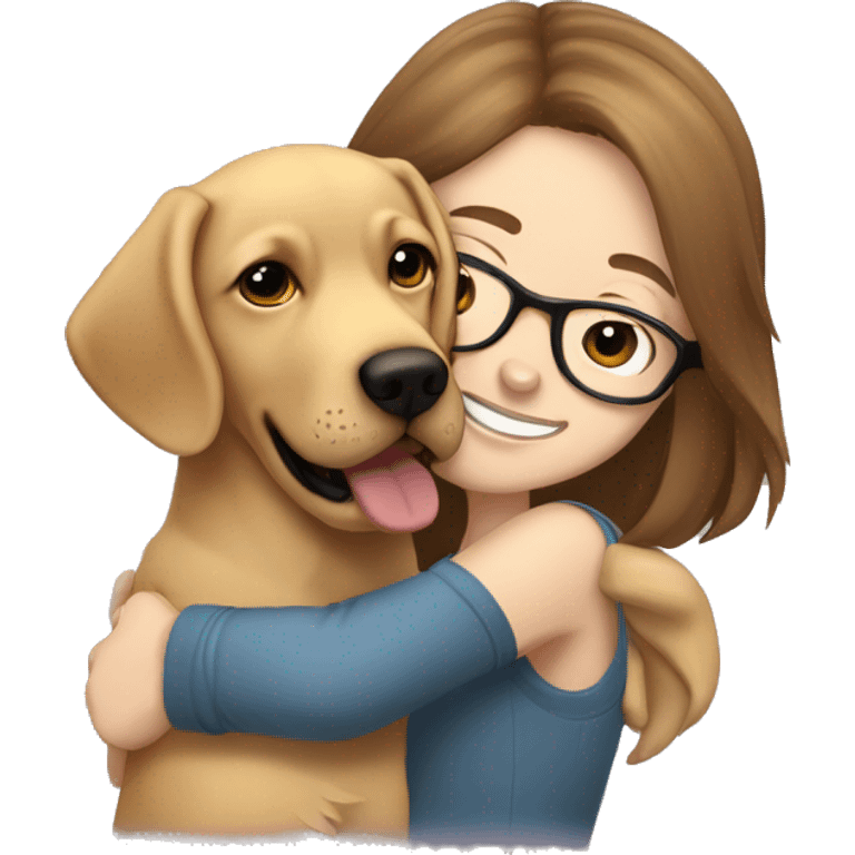 Golden Labrador retriever cuddles with a girl with brown hair, glasses and a nose piercing emoji