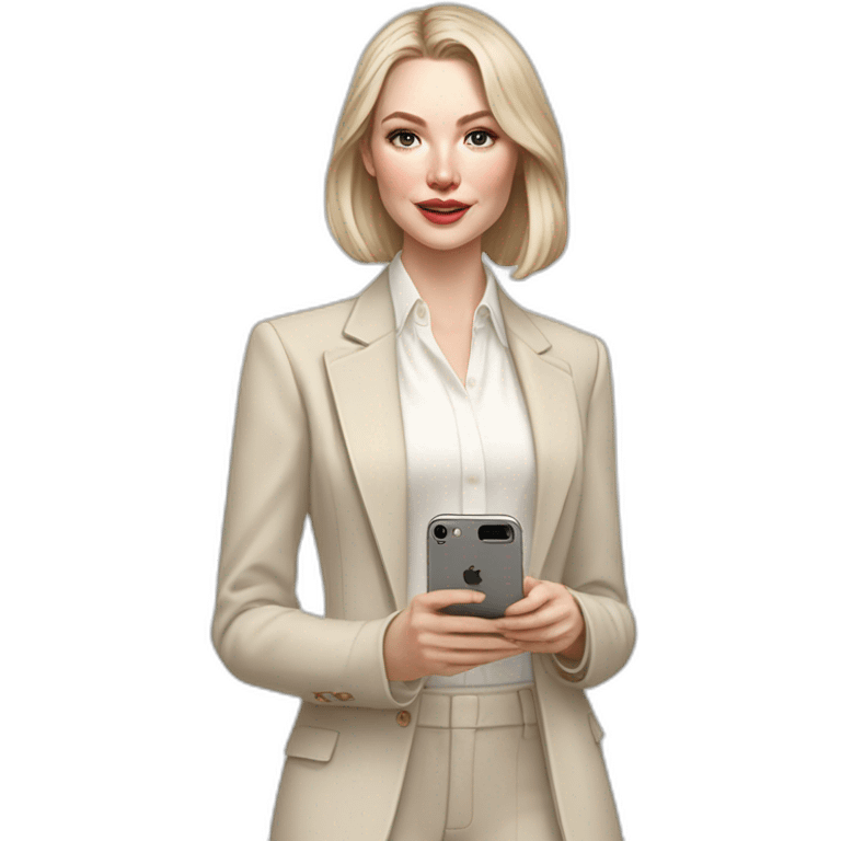 pale skin woman with ash blonde Straightened bob Hair, White Spacious classical jacket, beige palazzo Arrow pants and gray blouse holding white IPhone 15 pro in the hands emoji