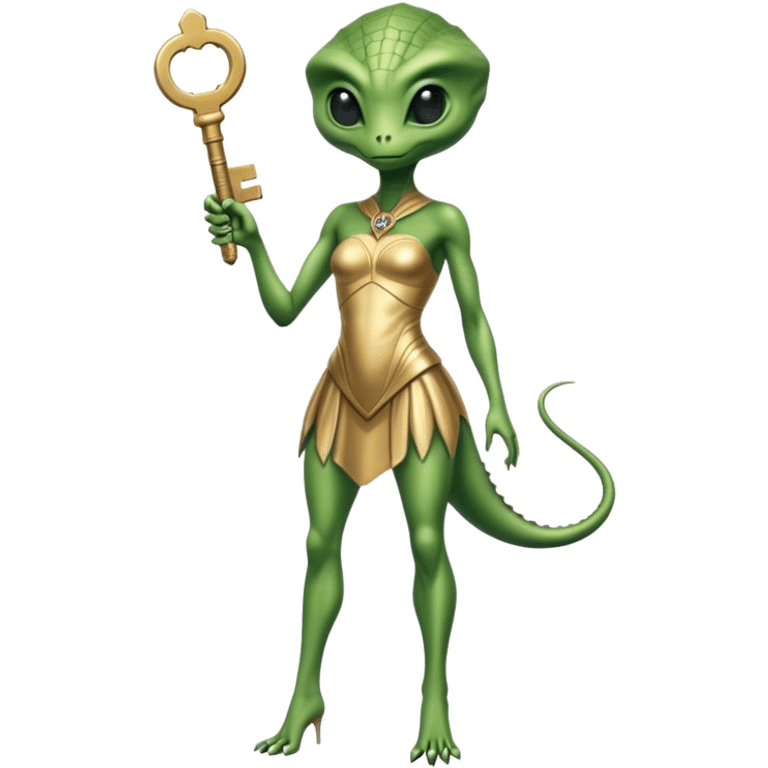 a reptilian alien woman full body, in gold dress, hold big key emoji