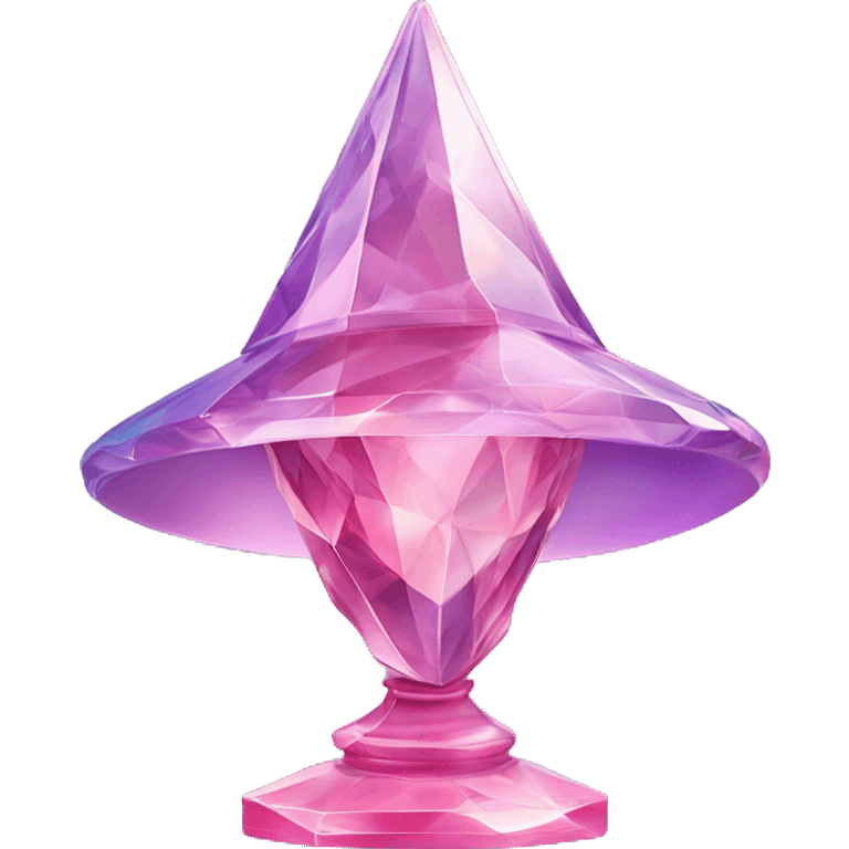 Glass sculpture Mage hat with a geometric, faceted design. The hat is standing upright on a base with angular and baroque features. The vibrant midtone tints of pastels and pink highlights the sharp edges and planes.  emoji