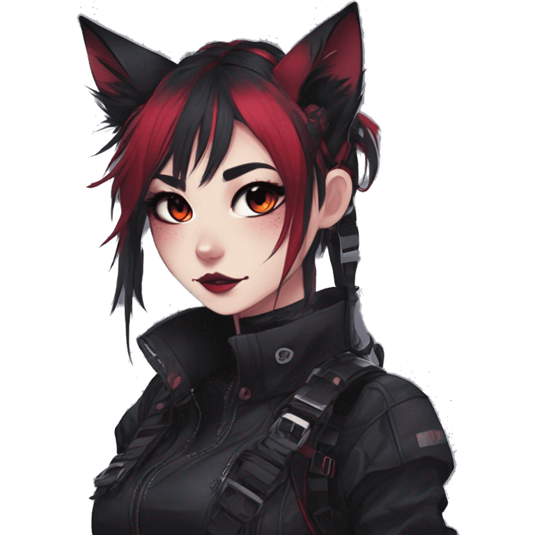 Gorgeous gothic dark techwear anime style anthro cat furry sona with blushing face aesthetic and pretty edgy black red punk messy ponytail hair with collar and harness trending style emoji