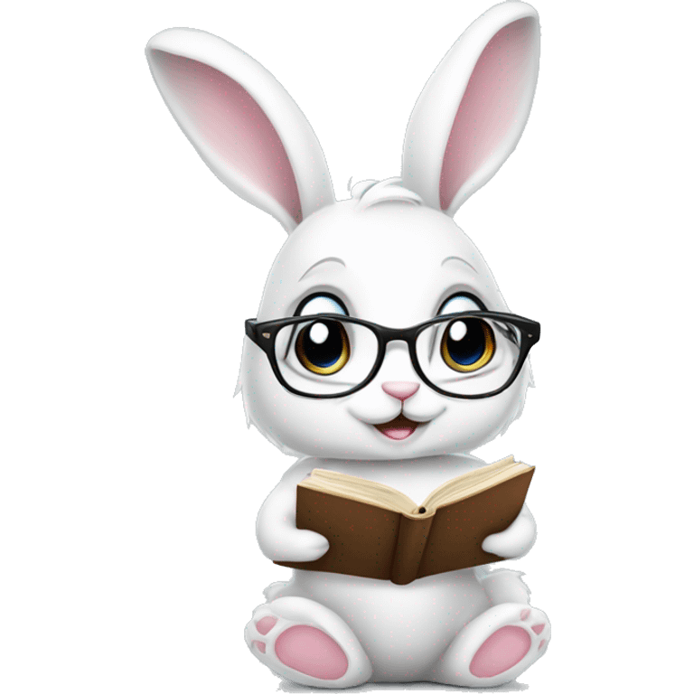 Cute White bunny girl with glasses, bow on the ear and book in her paws  emoji